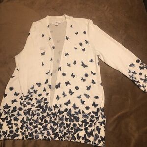 White with navy butterflies open front sweater